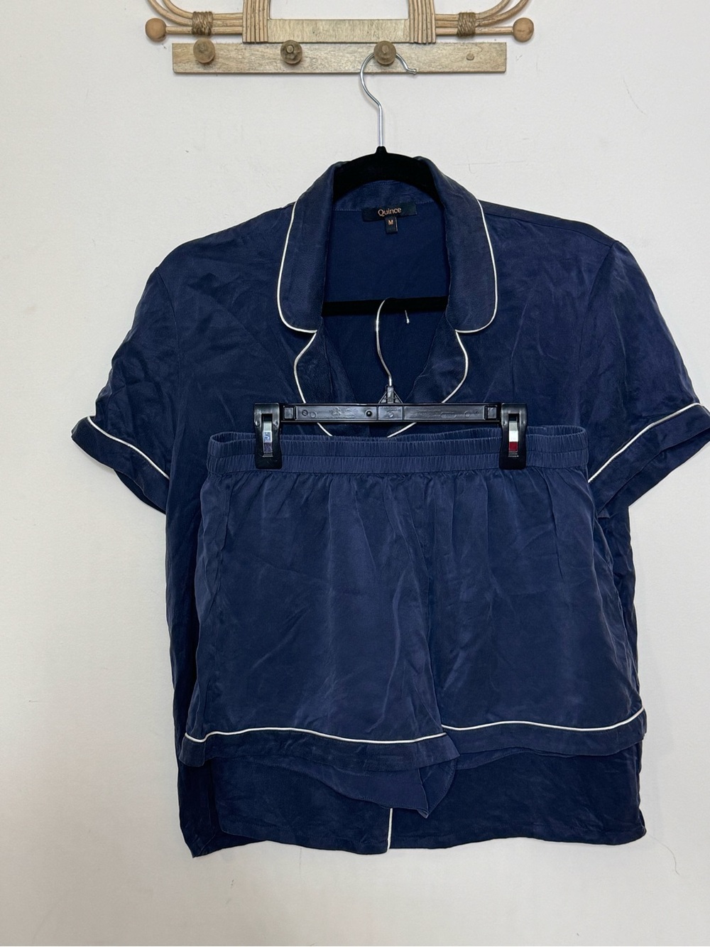 Quince Navy Silk Pajama Set with White Trim M